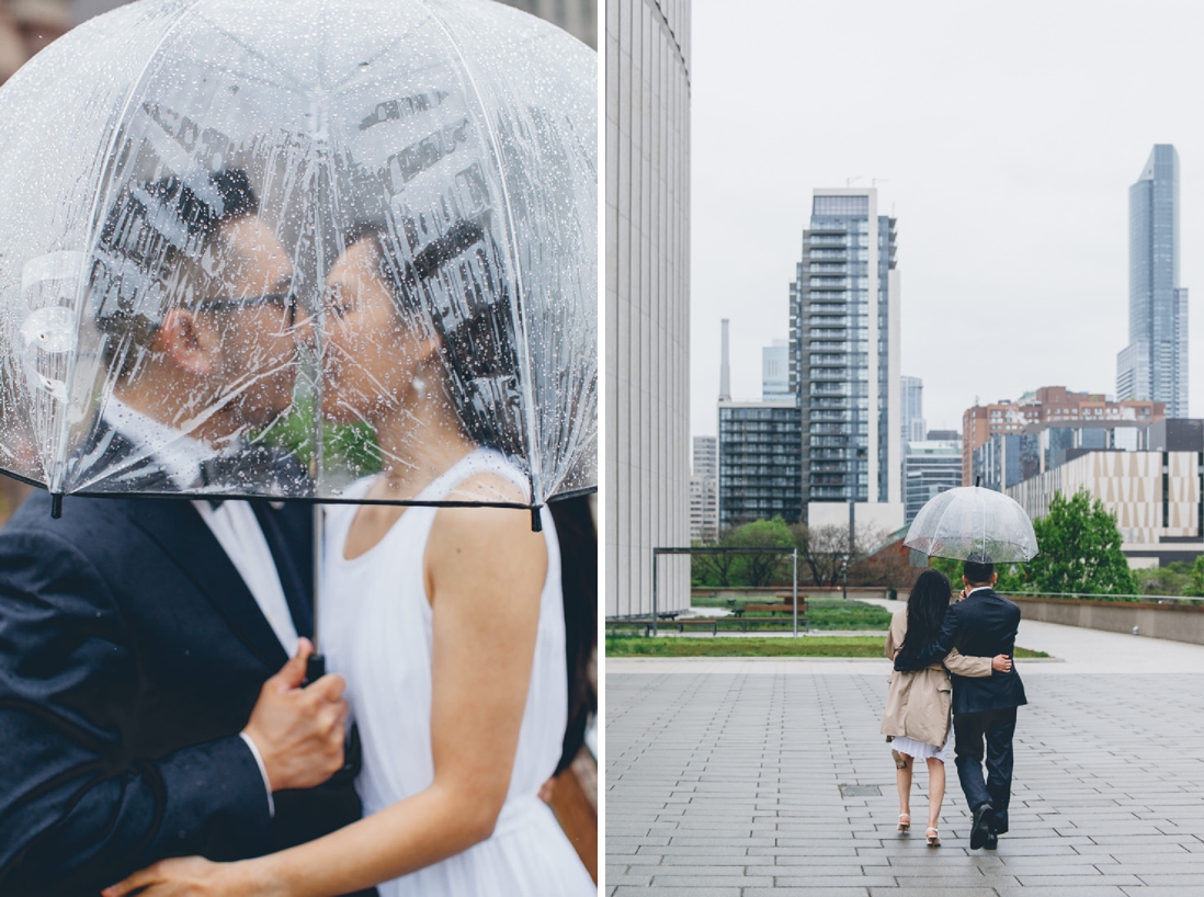 Bride & Groom under clear umbrella in the rain | Toronto City Hall Wedding | EIGHTYFIFTH STREET PHOTOGRAPHY