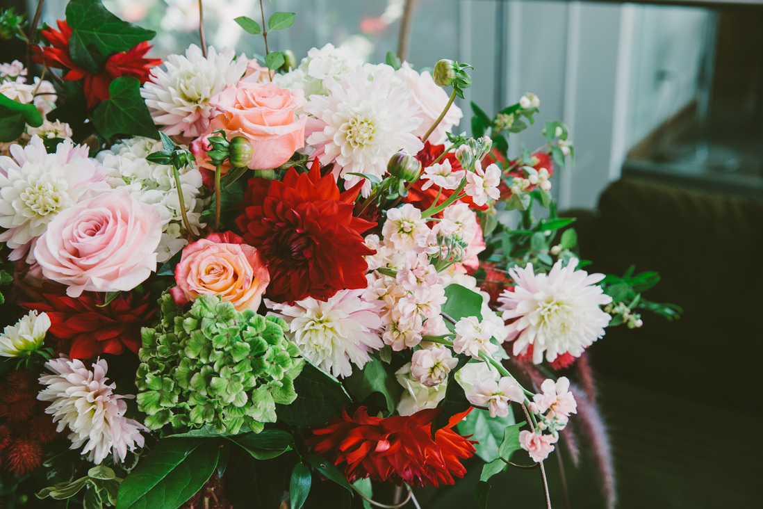 Red Dahlia Floral Arrangement | Spoke Club Wedding Toronto | EightyFifth Street Photography