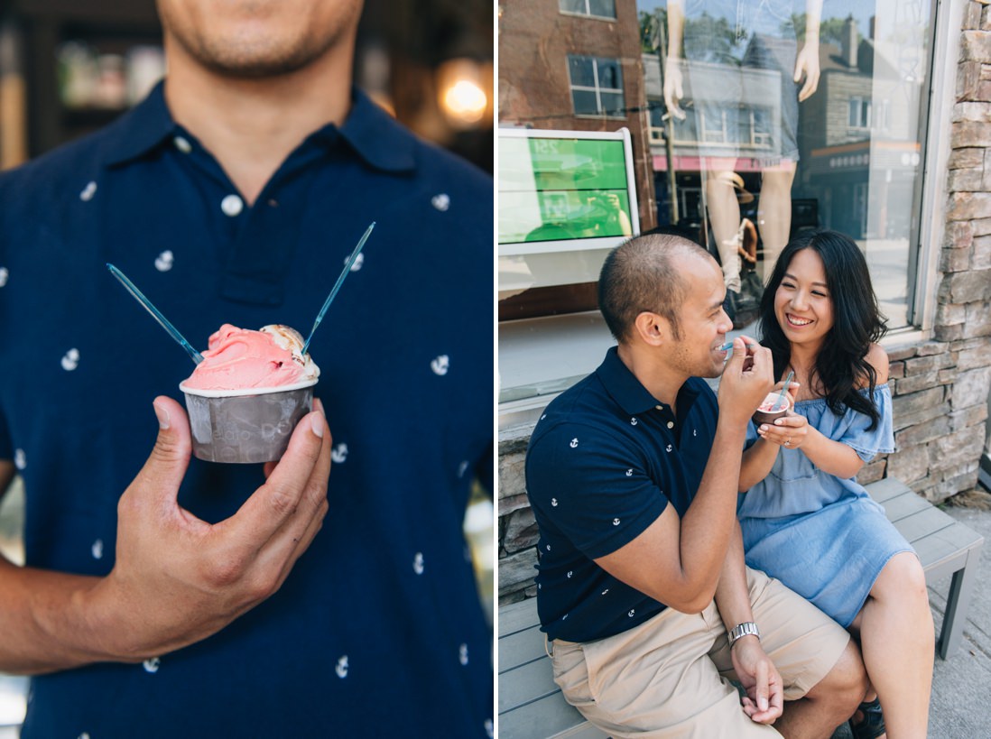 Couple eating watermelon gelato on a bench | Kensington Market Engagement, Toronto | EightyFifth Street Photography