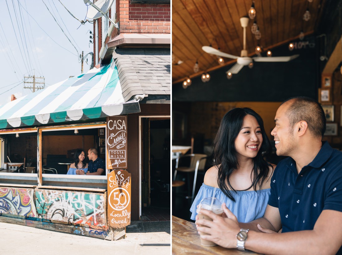 Couple overlooking street inside rustic coffee shop | Kensington Market Engagement, Toronto | EightyFifth Street Photography