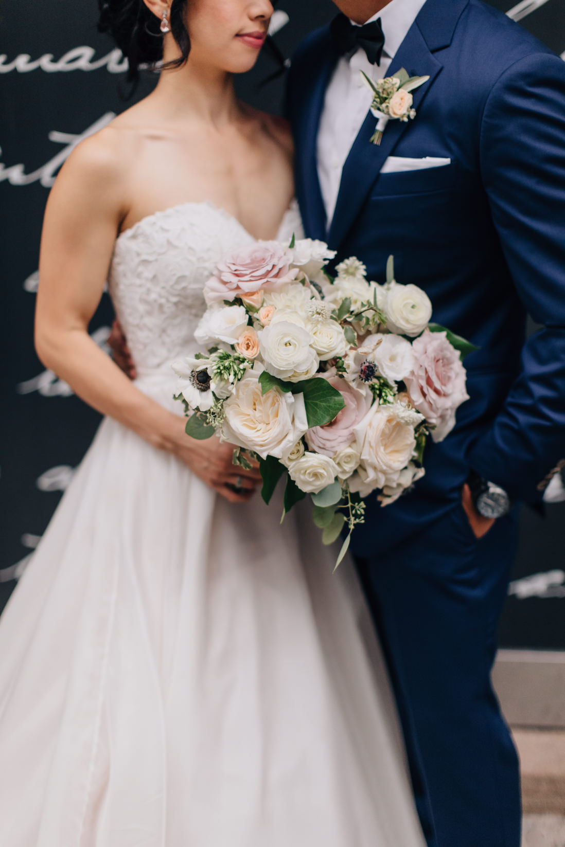 Floral detail blush and cream wedding bouquet and boutonniere Flower597 Toronto Wedding Photographer Eighty FifthStreet Photography