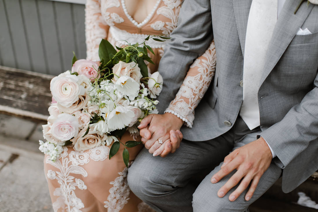 bride and groom clasped hands with pink and cream bouquet by botany floral studio Wedding Toronto_EightyFifth Street Photography