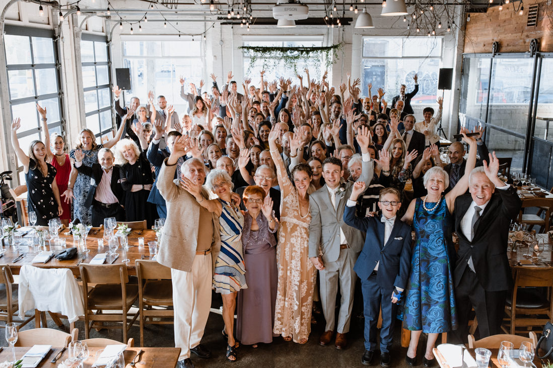 wide group shot of all guests at Propeller Coffee Co Wedding Toronto_EightyFifth Street Photography