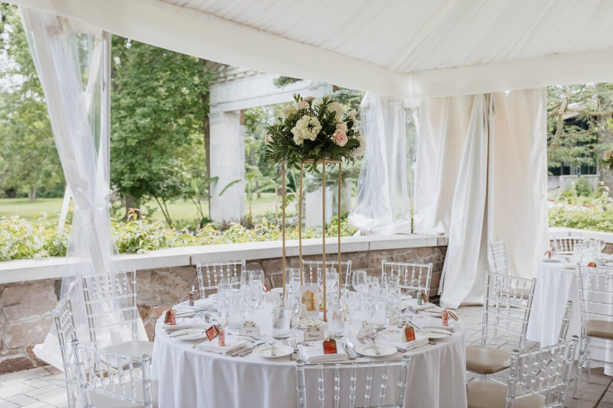 bickford house terrace wedding reception table decor, guild inn estate toronto