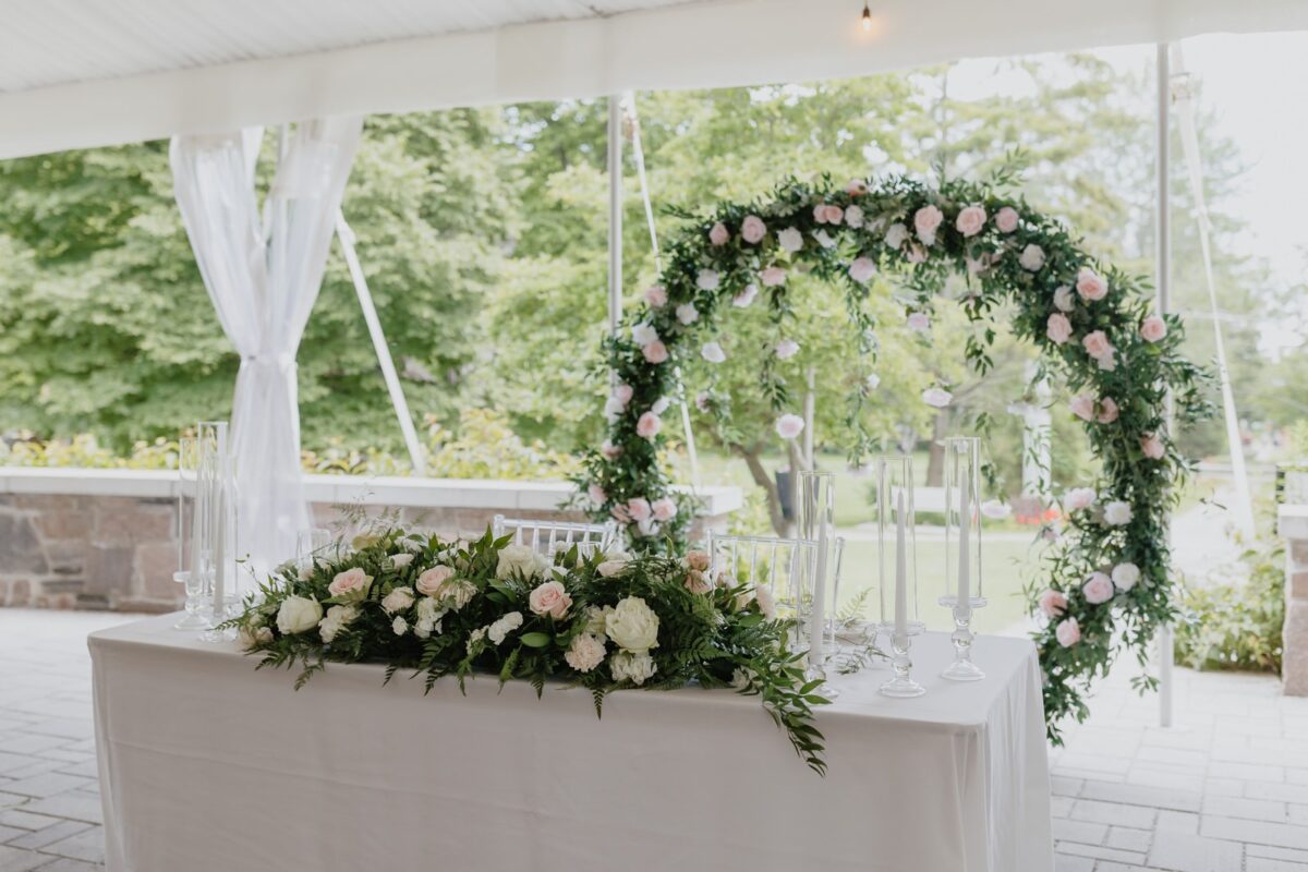 bickford house terrace wedding reception head table decor, guild inn estate toronto