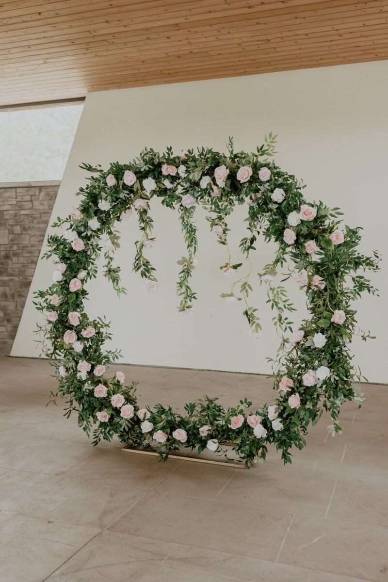 wedding ceremony floral hoop backdrop at guild inn estate gazebo toronto